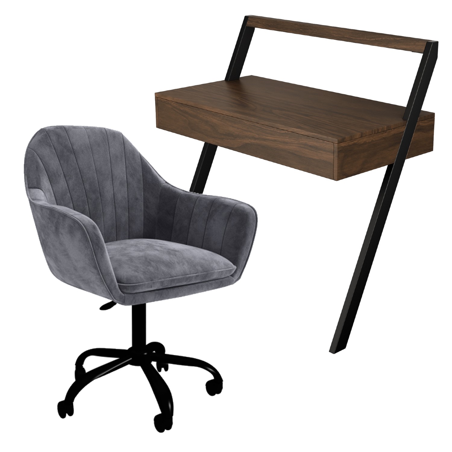Lean Rig Desk Walnut & Grey Velvet Office Leaning Desk and Chair Set - Nico ...