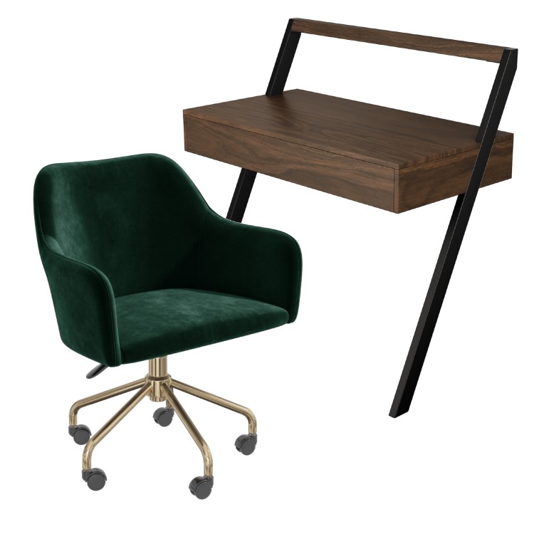 Walnut & Green Velvet Office Leaning Desk and Chair Set - Nico