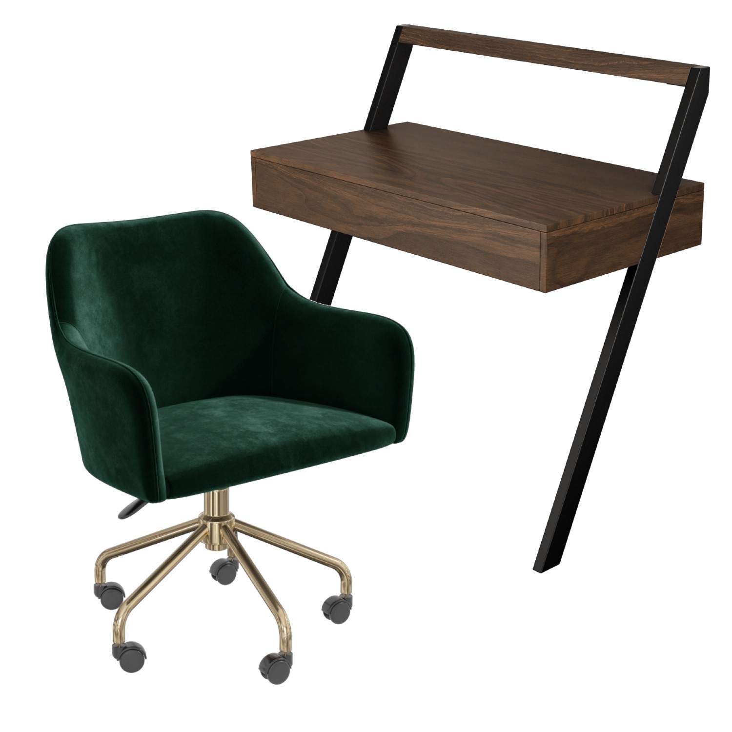 Photo of Walnut & green velvet office leaning desk and chair set - nico