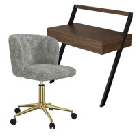 Walnut Brown Wall Mounted Leaning Desk & Grey Faux Sheepskin Teddy Office Swivel Chair - Nico - Rowan