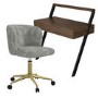 Walnut Brown Wall Mounted Leaning Desk & Grey Faux Sheepskin Teddy Office Swivel Chair - Nico - Rowan