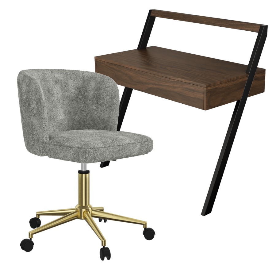 Walnut Brown Wall Mounted Leaning Desk & Grey Faux Sheepskin Teddy Office Swivel Chair - Nico - Rowan
