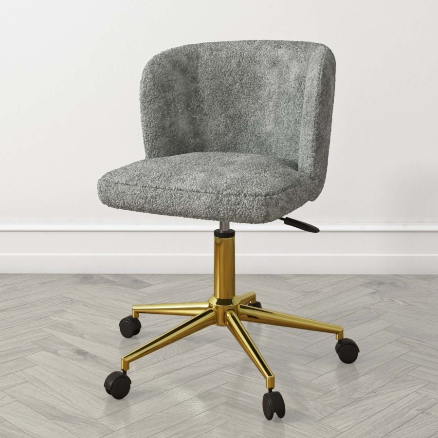 Walnut Brown Wall Mounted Leaning Desk & Grey Faux Sheepskin Teddy Office Swivel Chair - Nico - Rowan