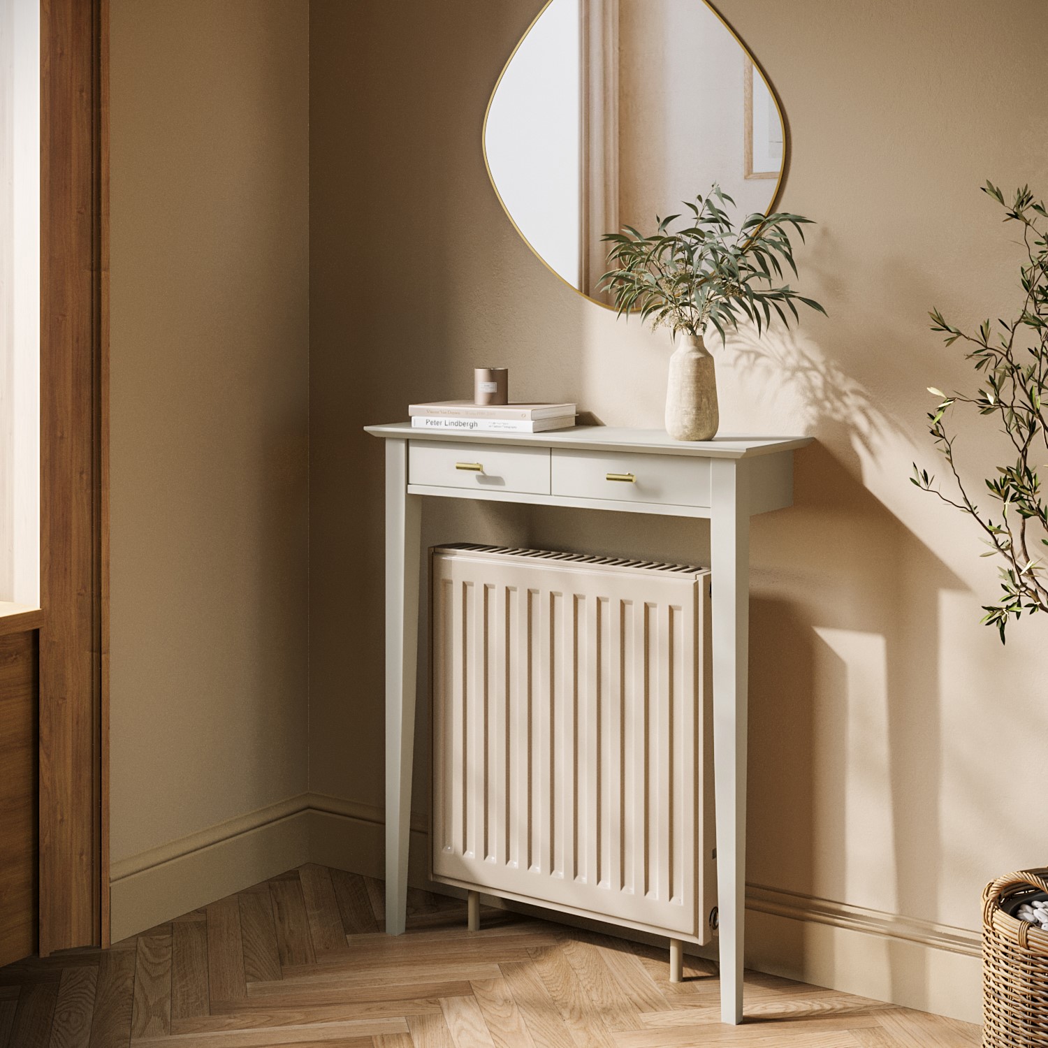 Walnut Radiator Table Top Extra Small & Narrow Taupe Radiator Cover with Brass Handles - 75cm ...