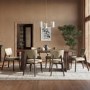 Walnut Dining Table Set with 6 Beige Faux Leather Curved Back Dining Chairs - Noor