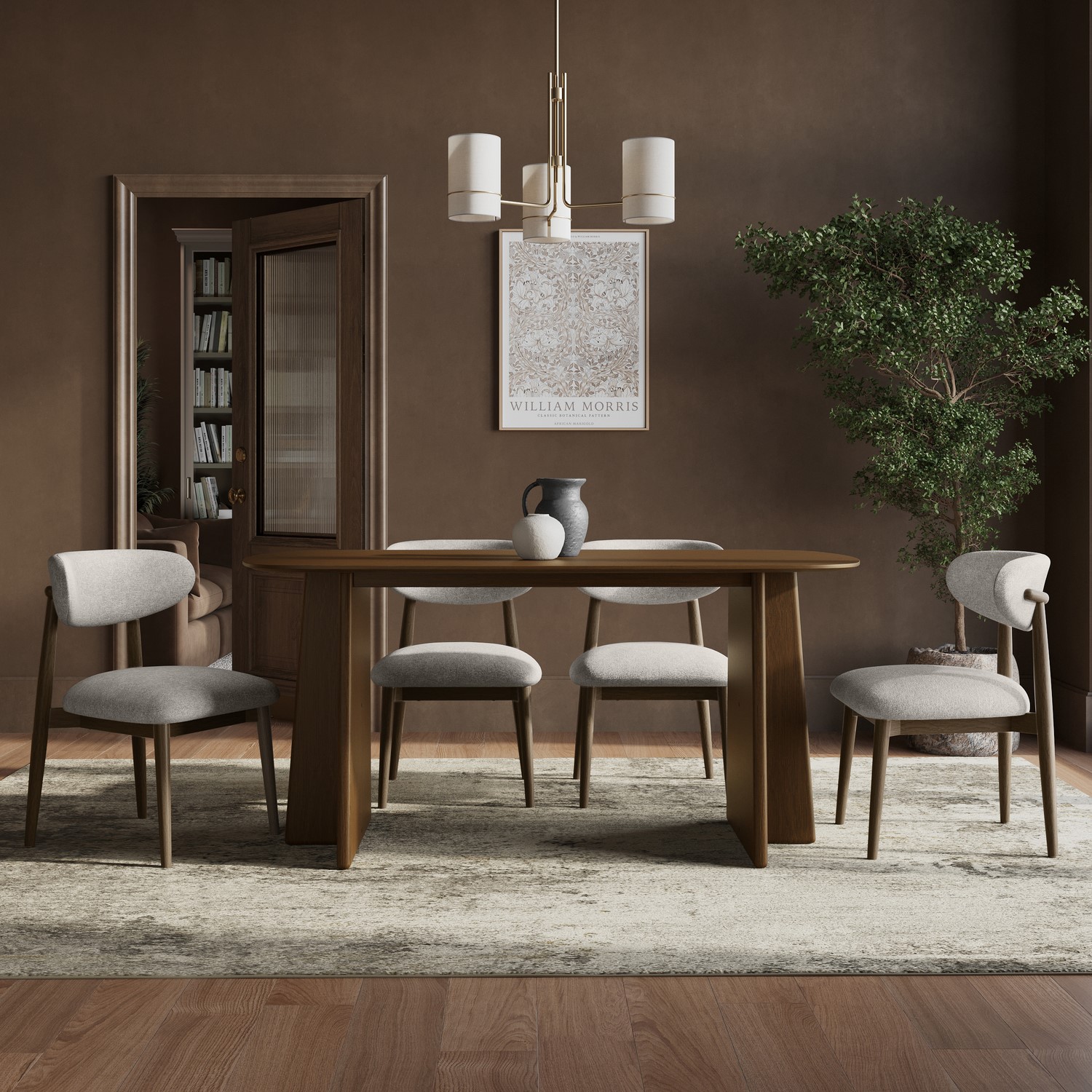 Brown Walnut Dining Table Set With 6 Beige Faux Leather Curved Back Dining Chairs - Seats 6 - Noor - Image 5