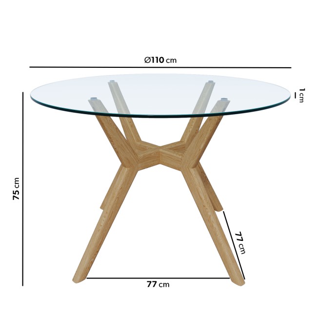 Round Solid Oak Glass Top Dining Table with 4 Cream Faux Leather Dining Chairs - Nori