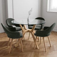 Round Glass Dining Table Set with 4 Green Upholstered Dining Chairs - Seats 4 - Nori