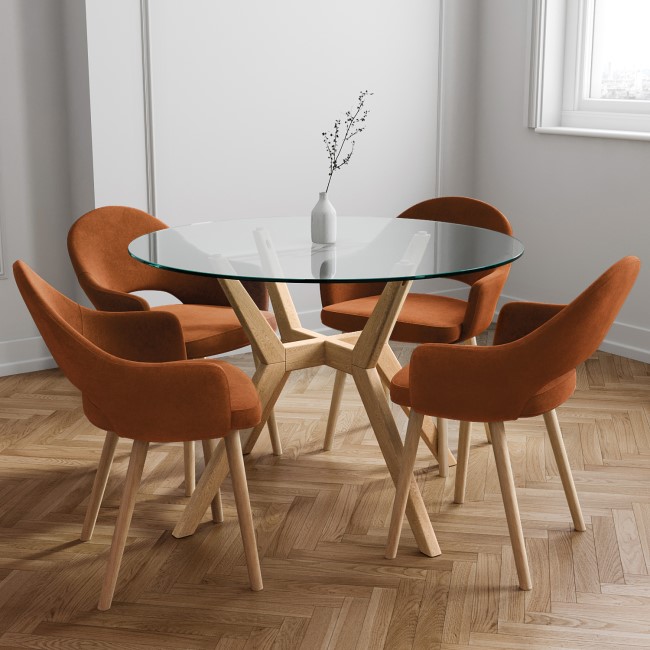 Round Glass Dining Table Set with 4 Burnt Orange Upholstered Chairs - Seats 4 - Nori