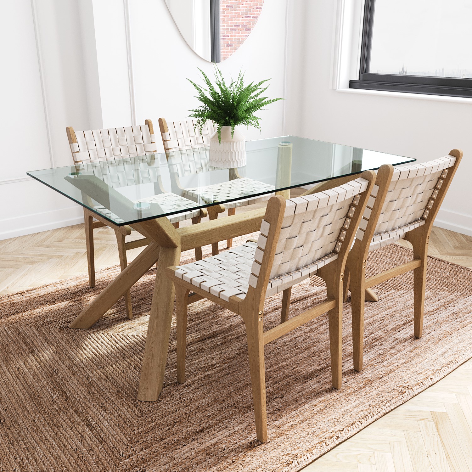 Photo of Rectangle solid oak dining table with 4 cream faux leather dining chairs - nori