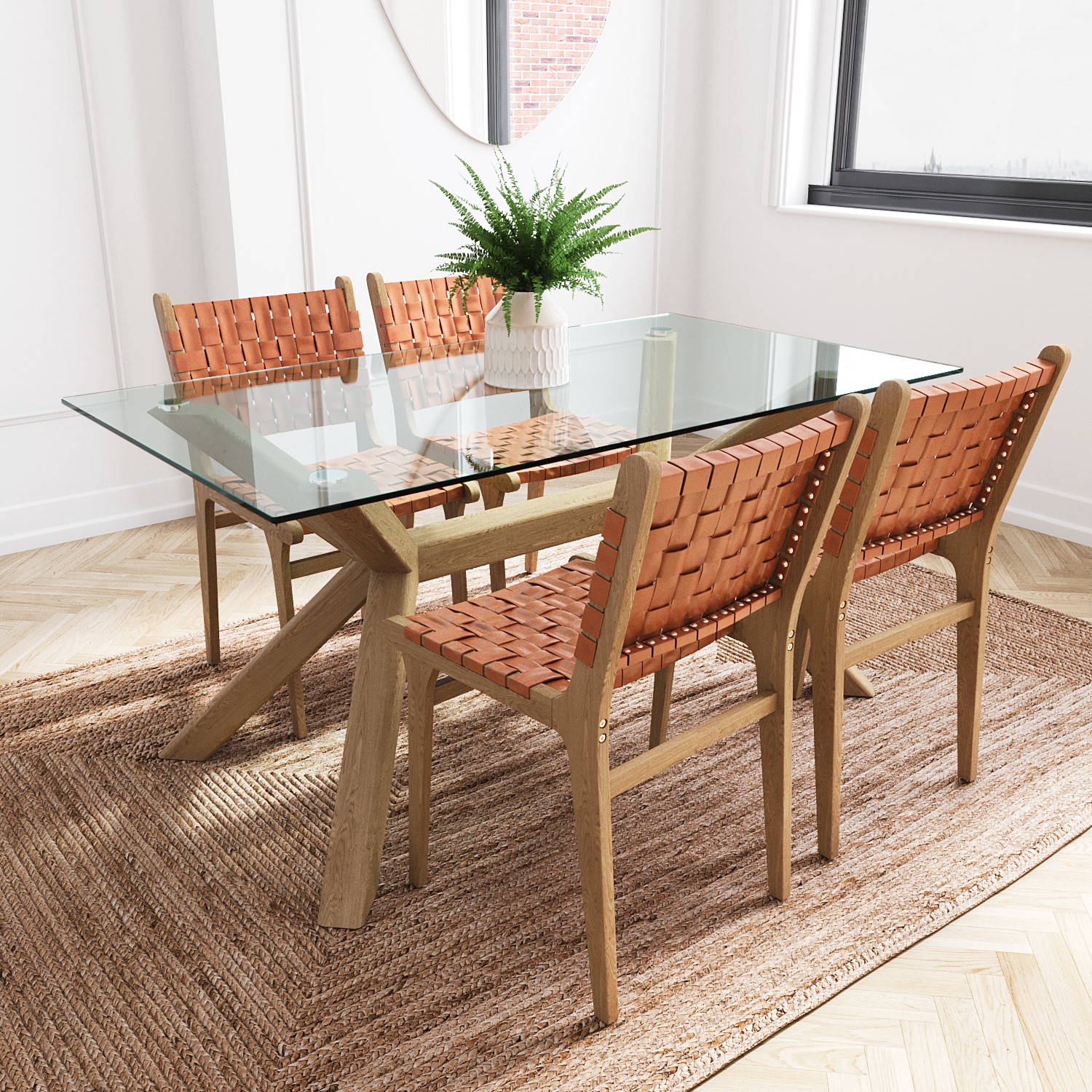 Photo of Rectangle solid oak glass top dining table with 4 tan faux leather dining chairs - nori