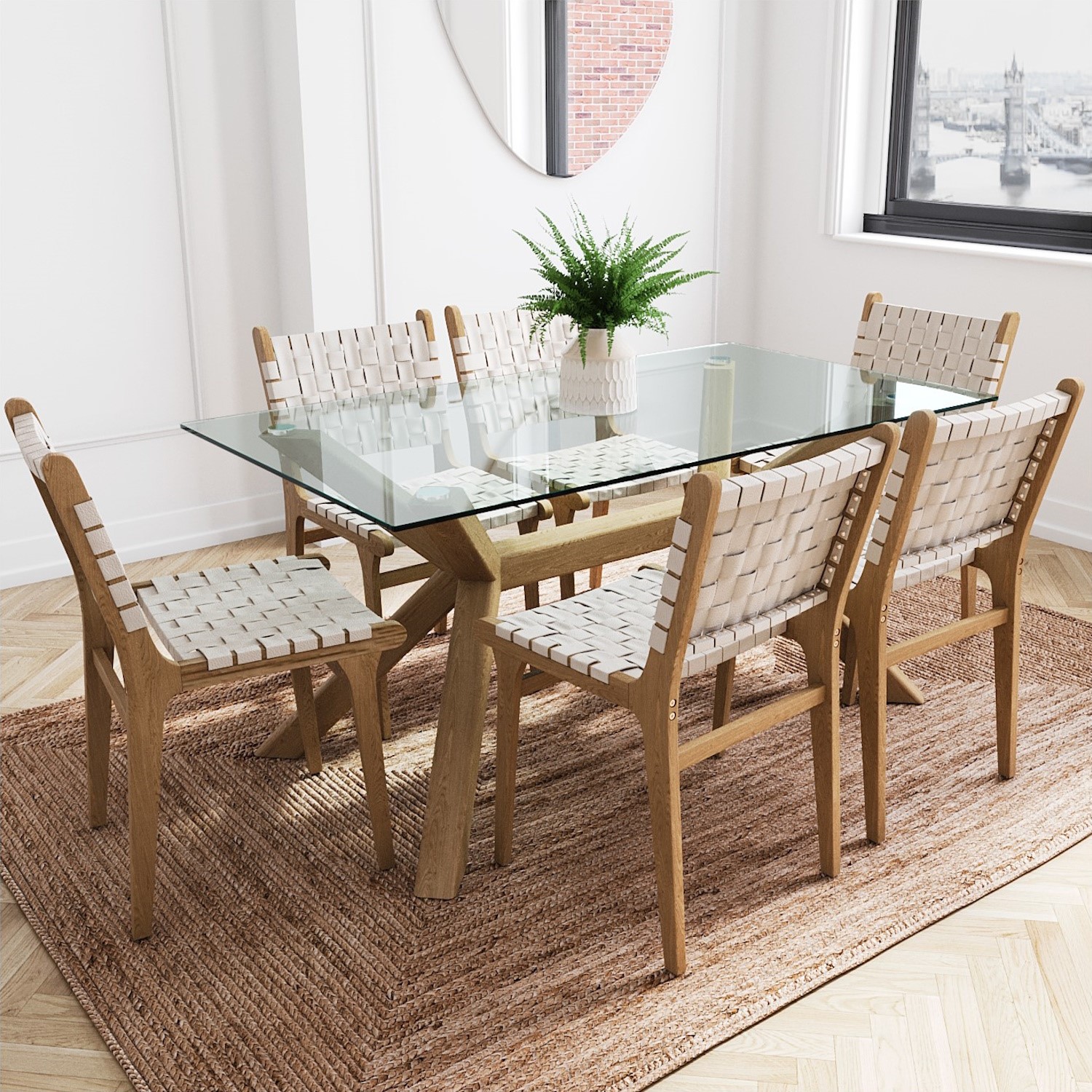 Noti Table Rectangle Solid Oak Glass Top Dining Table with 6 Cream Faux Leather ...
