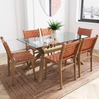 Rectangle Solid Oak Glass Top Dining Table with 6 Tan Faux Leather Dining Chairs - Nori
