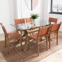 Rectangle Solid Oak Glass Top Dining Table with 6 Tan Faux Leather Dining Chairs - Nori