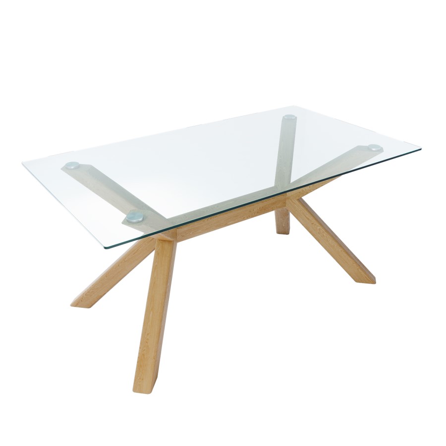 Rectangle Solid Oak Glass Top Dining Table with 6 Tan Faux Leather Dining Chairs - Nori