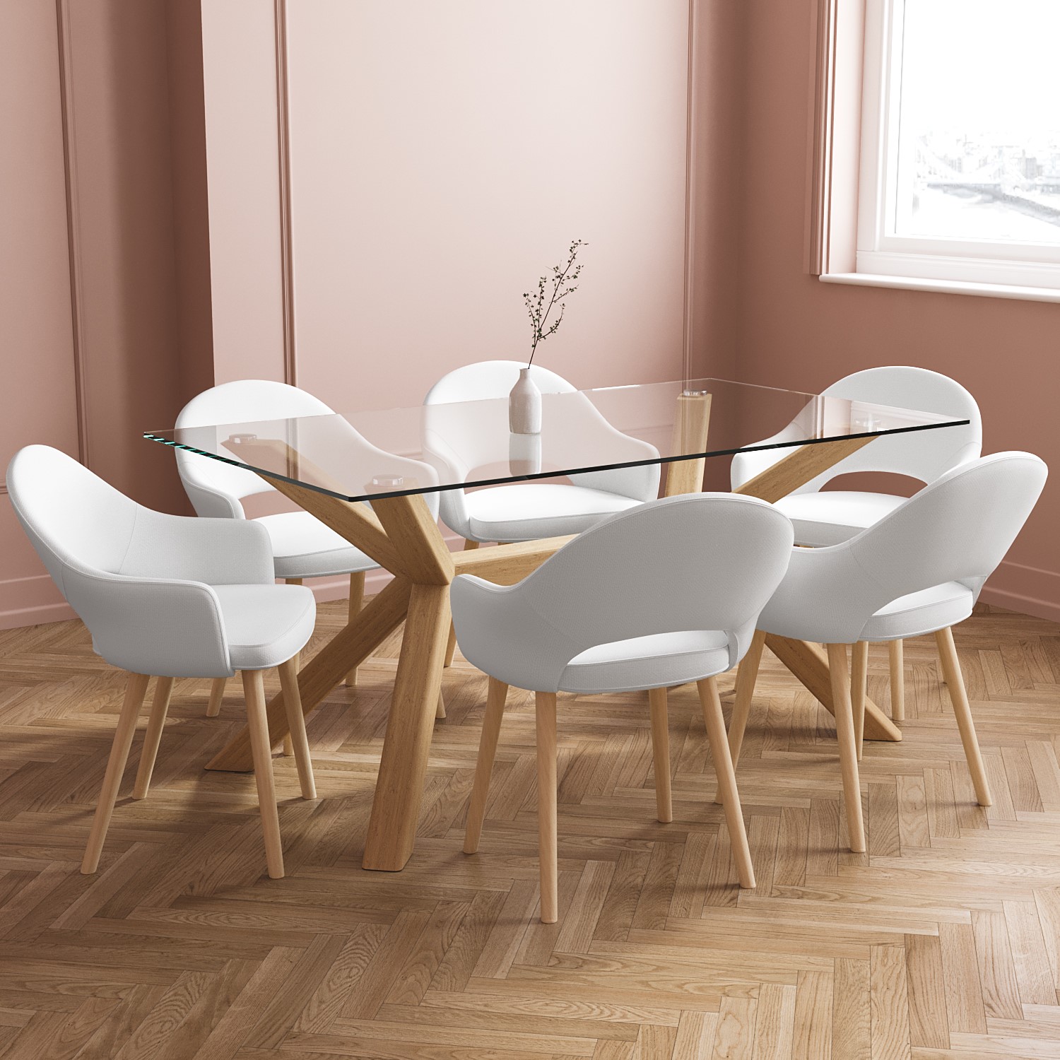 Photo of Rectangle glass with solid oak legs dining table & 6 cream recycled dining chairs - nori