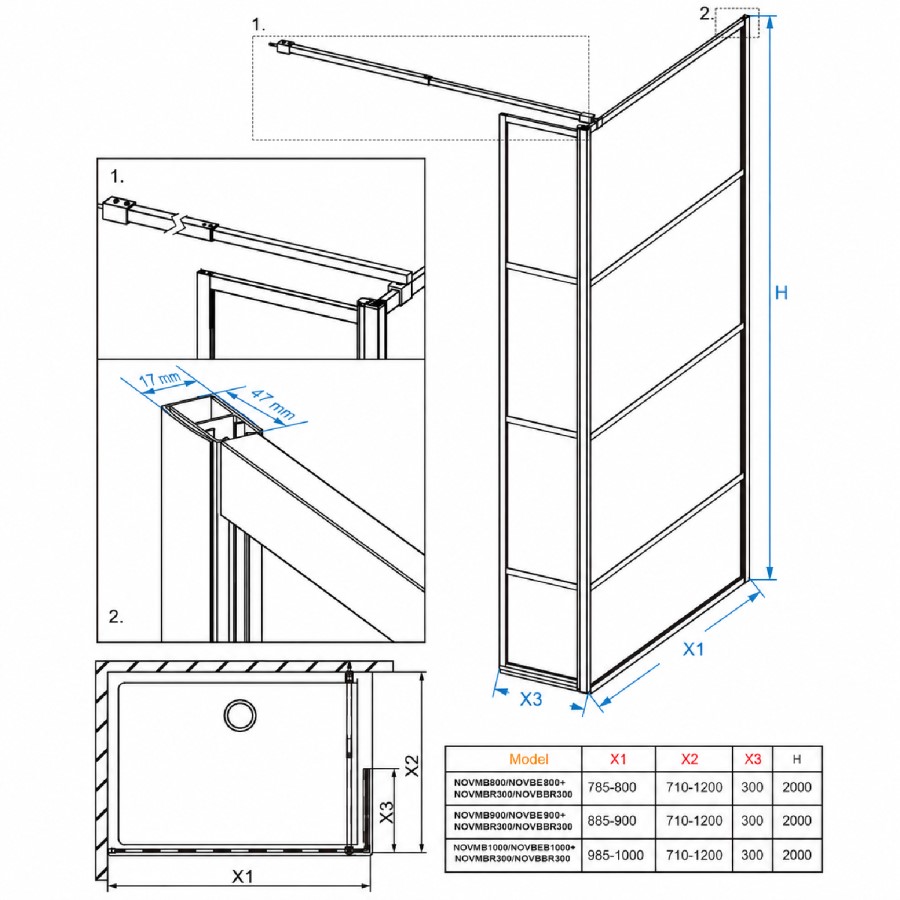 800mm Brushed Brass Grid Shower Screen for Wet Room & Walk In Shower with 300mm Hinged Panel - Nova