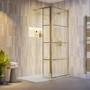 900mm Brushed Brass Grid Shower Screen for Wet Room & Walk In Shower with 300mm Hinged Panel - Nova