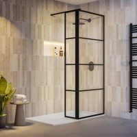 900mm Black Grid Shower Screen for Wet Room & Walk In Shower with 300mm Hinged Panel - Nova