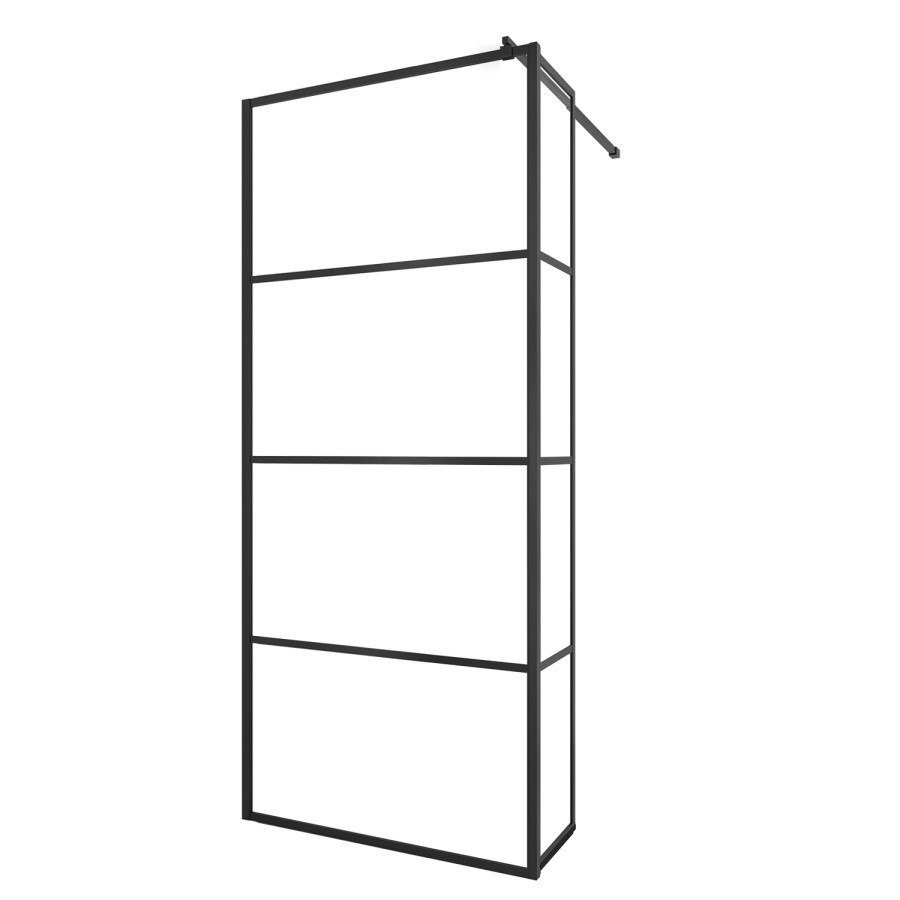 900mm Black Grid Shower Screen for Wet Room & Walk In Shower with 300mm Hinged Panel - Nova