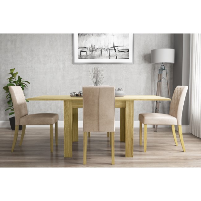 New Town Flip Top Oak Dining Table with 4 Natural Velvet Dining Chairs