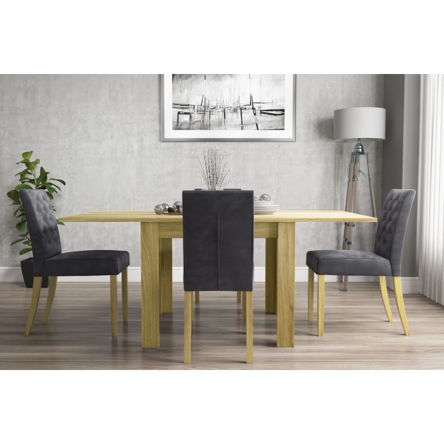 New Town Flip Top Solid Oak Dining Table with 4 Grey Velvet Dining Chairs