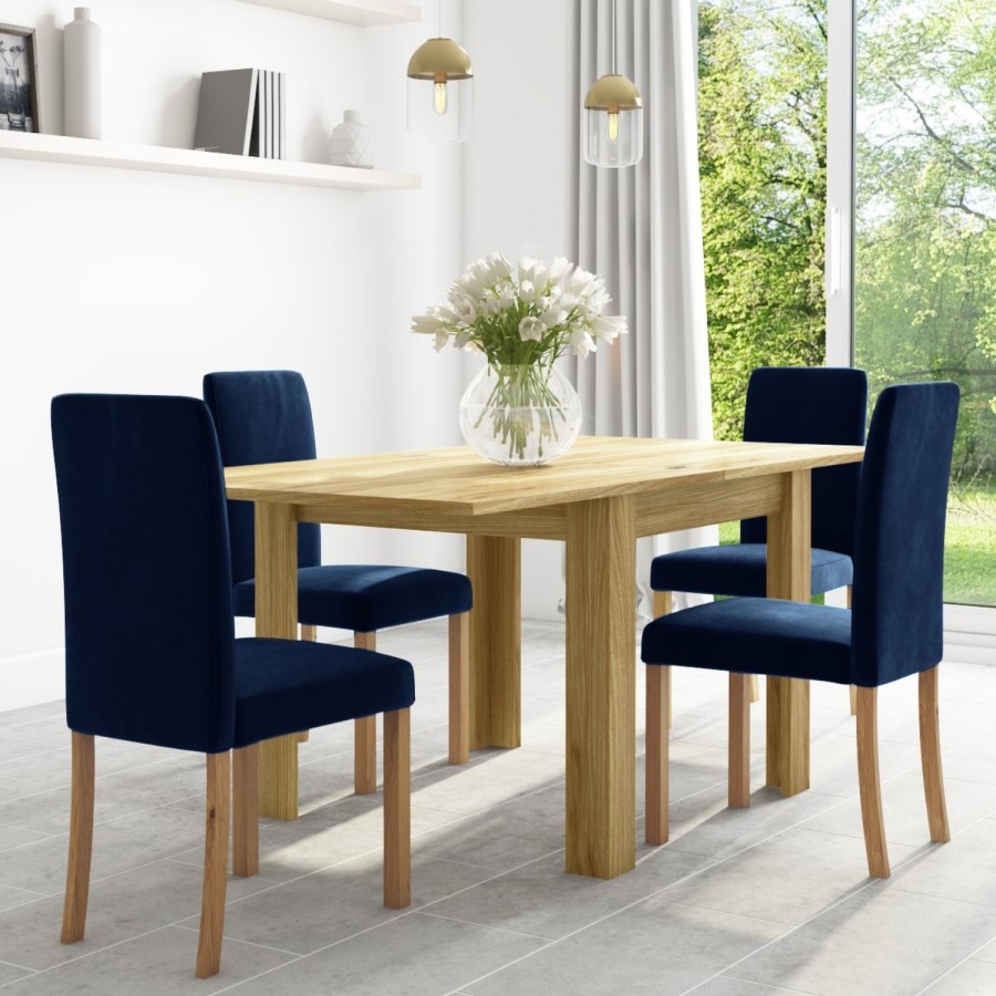 Extendable Oak Dining Table & 4 Blue Velvet Chairs - New Haven