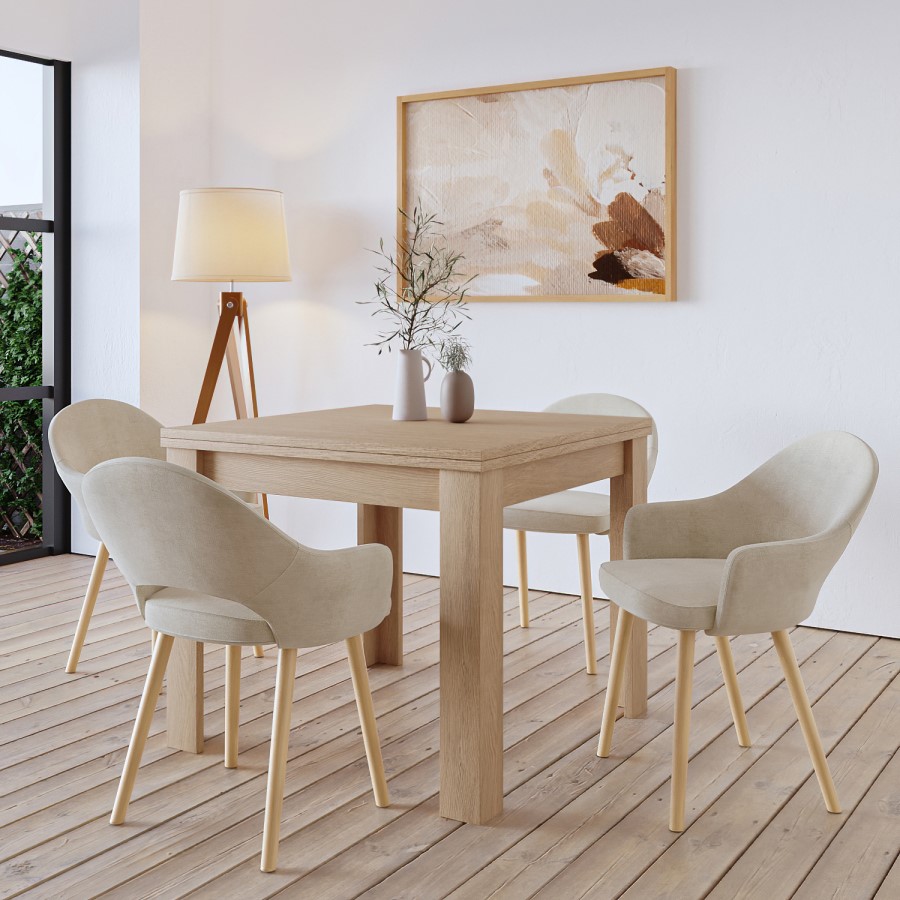Flip Top Oak Dining Table with 4 Beige Fabric Dining Chairs - New Town