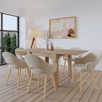 Flip Top Oak Dining Table with 6 Beige Fabric Dining Chairs - New Town