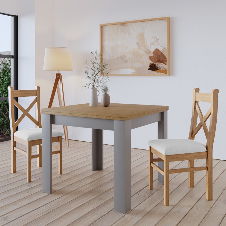 Grey and Oak Extendable Dining Table Set with 2 Solid Oak Chairs - Seats 2 - New Town