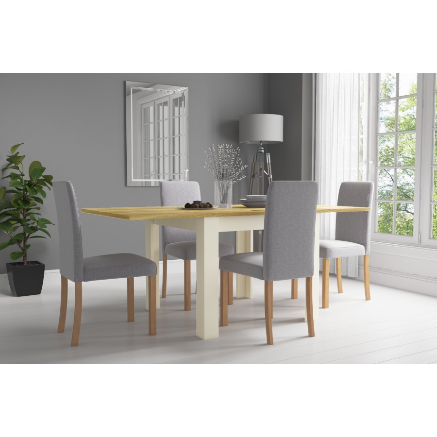 Cream Flip Top Dining Table with Oak Top & 4 Grey Chairs - New Town