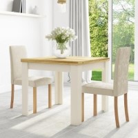 Cream & Oak Flip Top Dining Table & 2 Cream Velvet Chairs - New Haven 