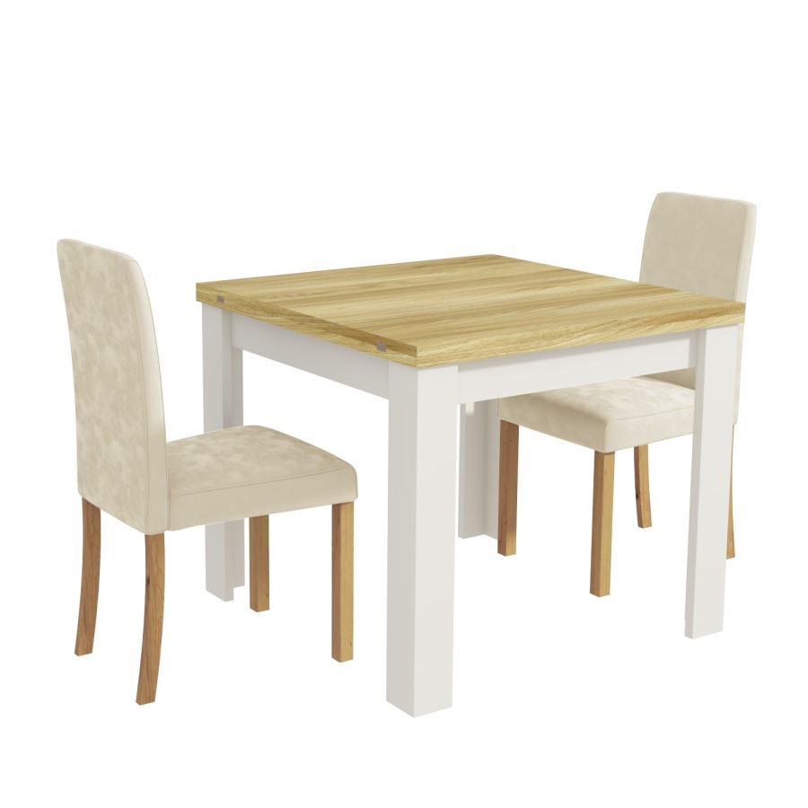 Cream & Oak Flip Top Dining Table & 2 Cream Velvet Chairs - New Haven 