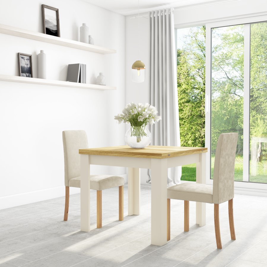 Cream & Oak Flip Top Dining Table & 2 Cream Velvet Chairs - New Haven 