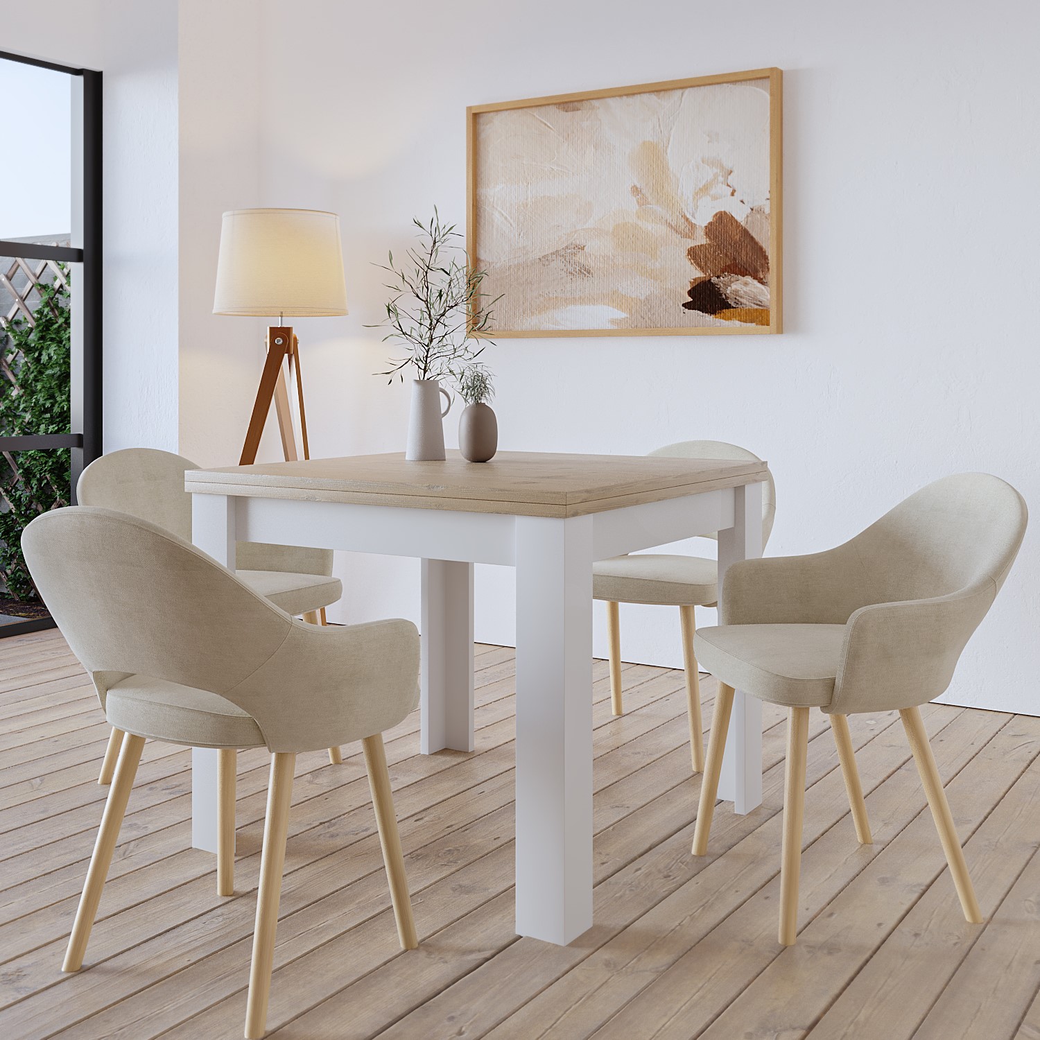 Photo of Cream and oak extendable dining table with 4 beige fabric dining chairs - new town