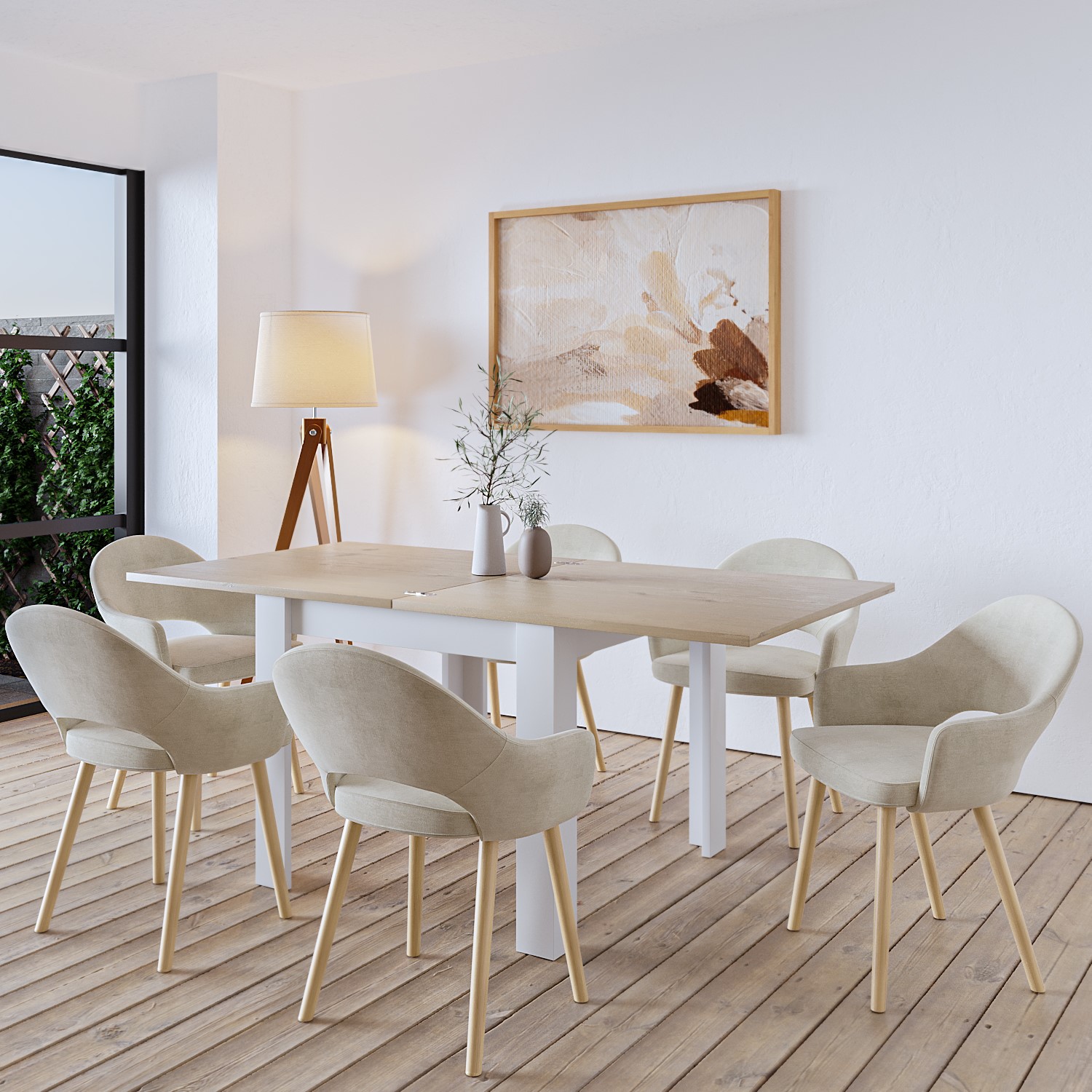Photo of Cream and oak extendable dining table with 6 beige fabric dining chairs - new town