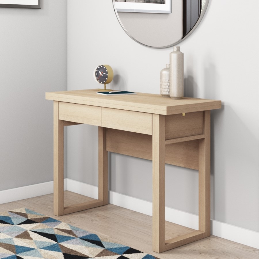 New Town Extendable Oak Dining Table with 2 Dining Chairs in Grey Fabric