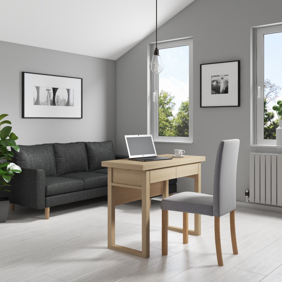 New Town Extendable Oak Dining Table with 2 Dining Chairs in Grey Fabric