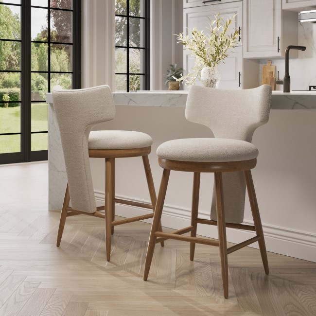 Set of 2 Beige Boucle and Solid Oak Kitchen Stools with Back - Nyla