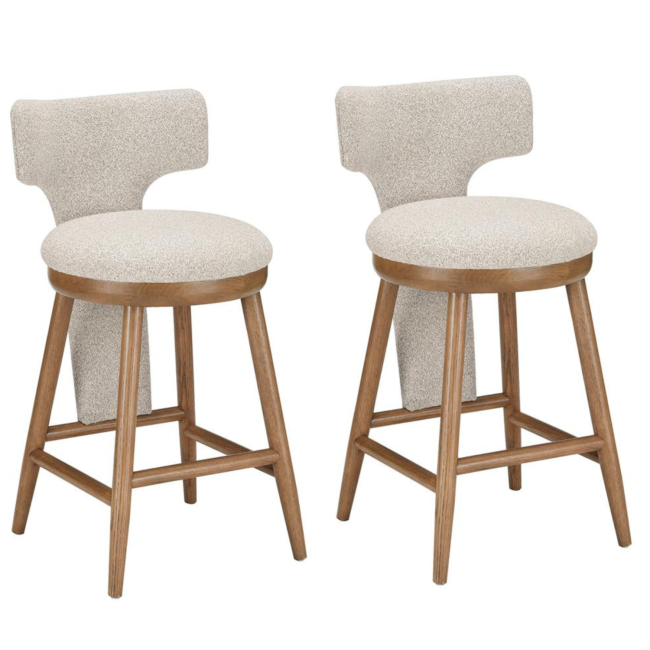 Set of 2 Beige Boucle and Solid Oak Kitchen Stools with Back - Nyla