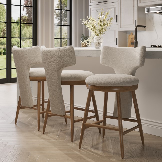 Set of 3 Beige Boucle and Solid Oak Kitchen Stools with Back - Nyla