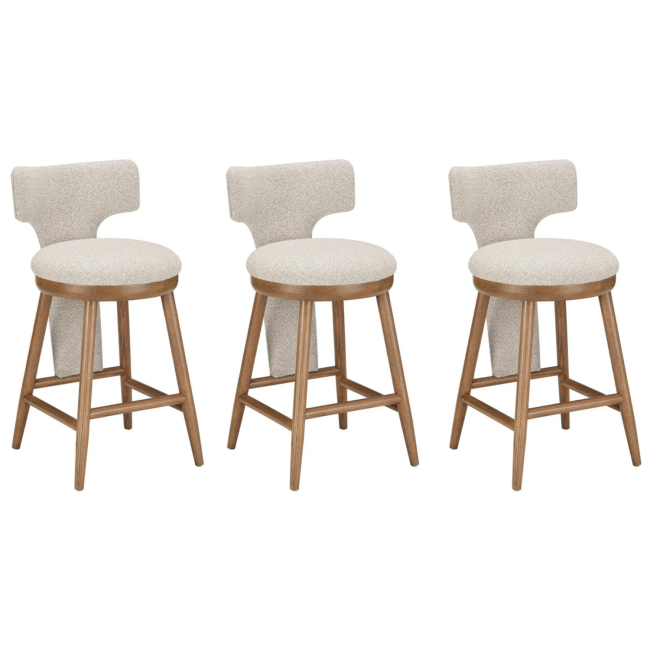 Set of 3 Beige Boucle and Solid Oak Kitchen Stools with Back - Nyla