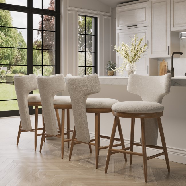 Set of 4 Beige Boucle and Solid Oak Kitchen Stools with Back - Nyla