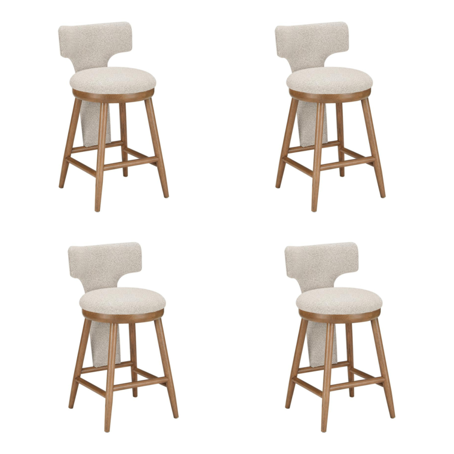 Set of 4 Beige Boucle and Solid Oak Kitchen Stools with Back - Nyla