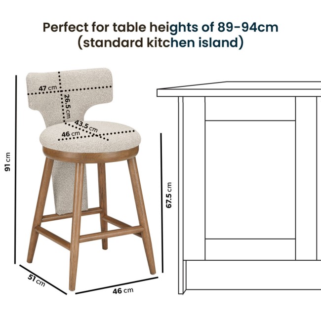 Set of 2 Beige Boucle and Solid Oak Kitchen Stools with Back - Nyla