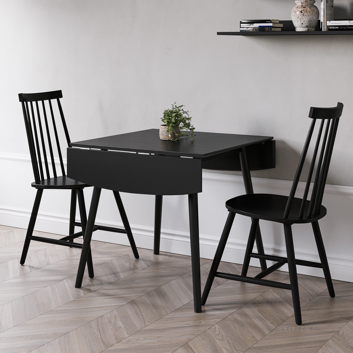Photo of Black drop leaf dining table with 2 black spindle dining chairs- olsen