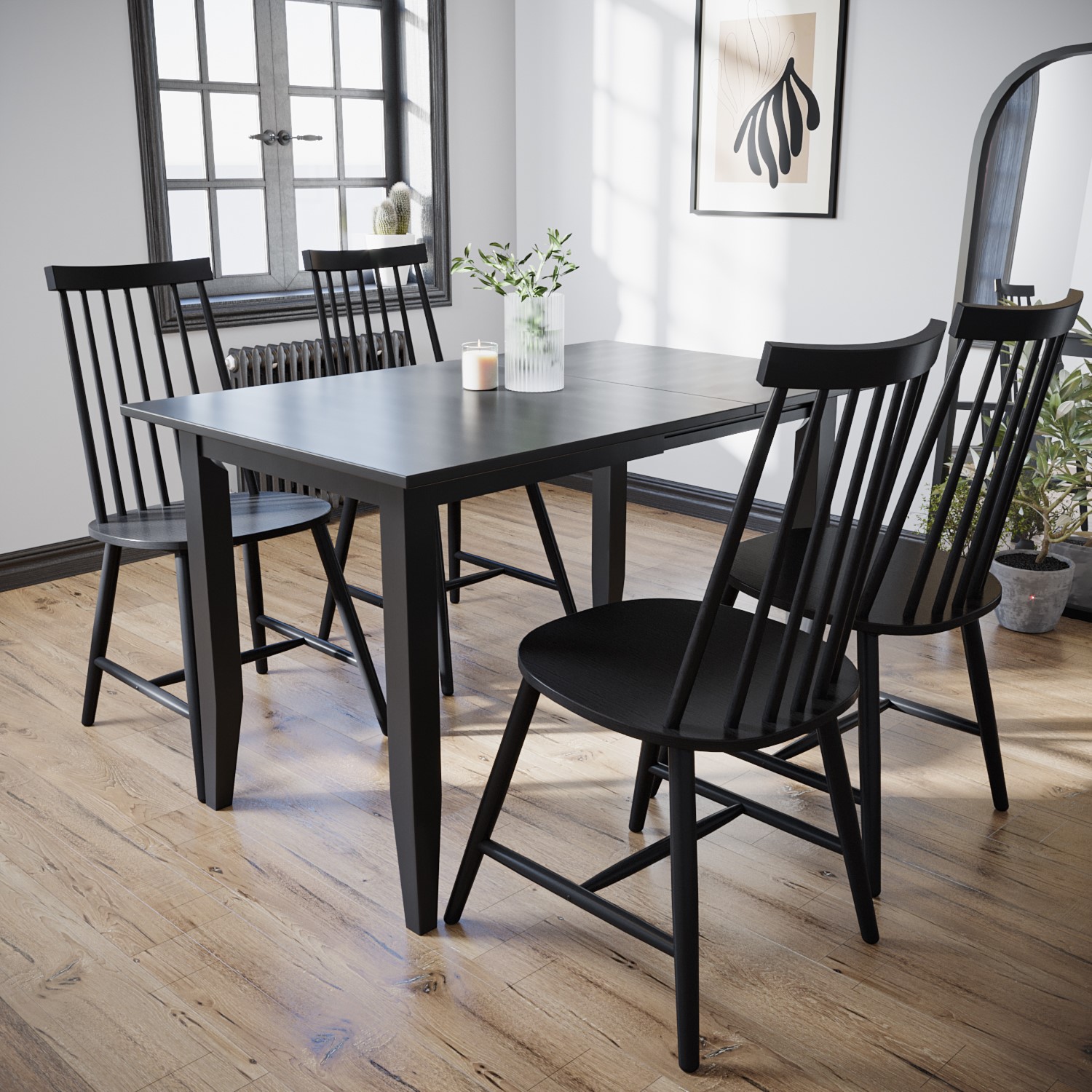 Drop Leaf Black Dining Table with 4 Black Spindle Dining Chairs - Olsen ...