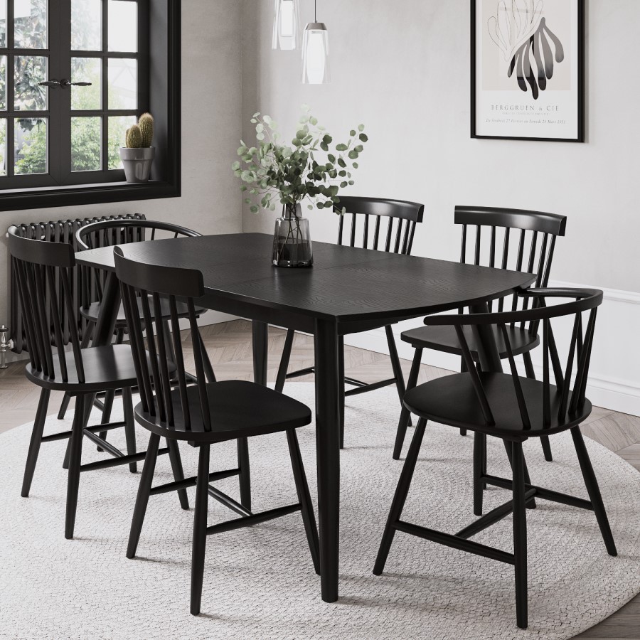 Extendable Black Wooden Dining Table with 6 Spindle Dining Chairs - Olsen