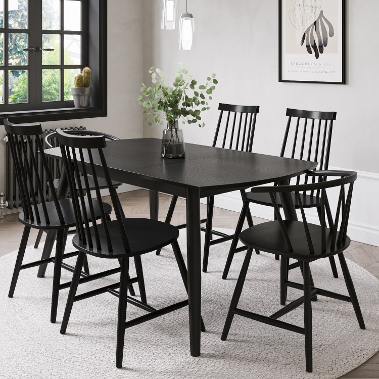 Black Extendable Dining Table Set with 4 Black Spindle Back Chairs & 2 Curved Back Chairs - Seats 6 - Olsen