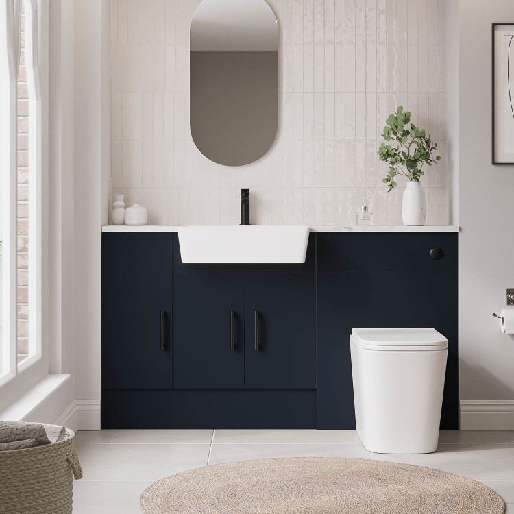 1500mm Blue Toilet and Sink Unit with Storage Unit & Black Fittings - Ontario